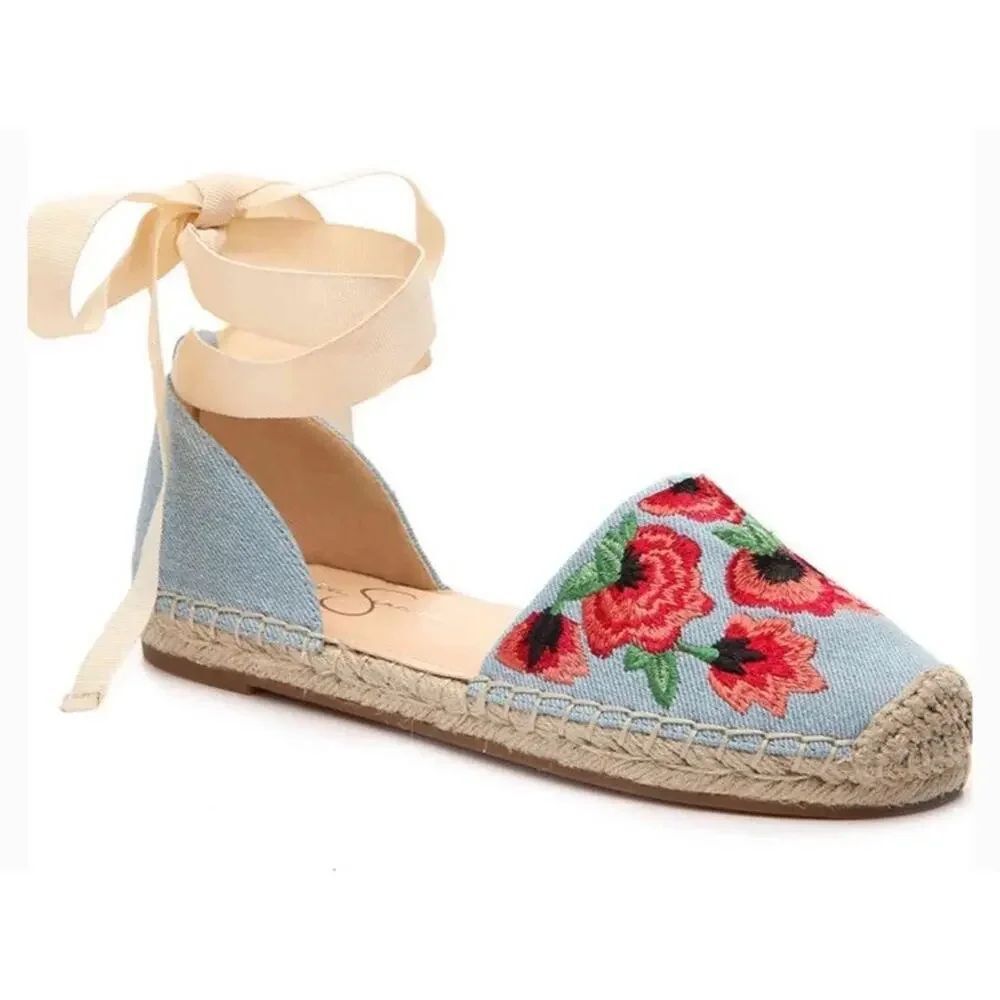 Jessica Simpson Floral Embroidered Espadrille Flats Ankle Tie Blue Size 7.5
